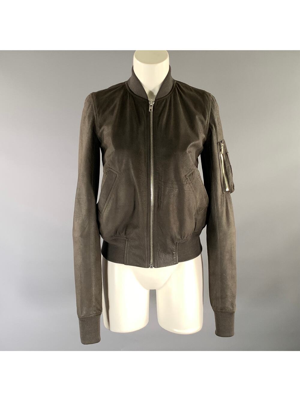 RICK OWENS Size 6 Grey Leather Crackled Bomber Jacket Outdoor
